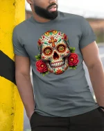 Vibrant Sugar Skull Floral Day of the Dead T-Shirt - model wearing grey tee, leaning on column