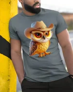 Cute Cowboy Owl Western Country Style Graphic T-Shirt - model wearing grey tee, leaning on column