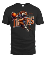 Tiger Basketball Dunk Mascot Action Sports Graphic T-Shirt - black t-shirt on white background