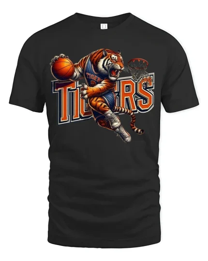 Tiger Basketball Dunk Mascot Action Sports Graphic T-Shirt - black t-shirt on white background
