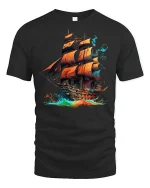 Fiery Pirate Ship Ocean Adventure Fantasy Graphic Tee - black t-shirt on white background