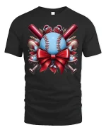 Baseball Gift Bow Holiday Sports Fan Graphic T-Shirt - black t-shirt on white background