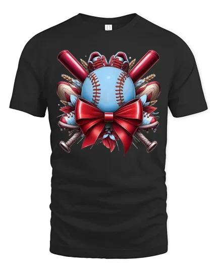 Baseball Gift Bow Holiday Sports Fan Graphic T-Shirt - black t-shirt on white background