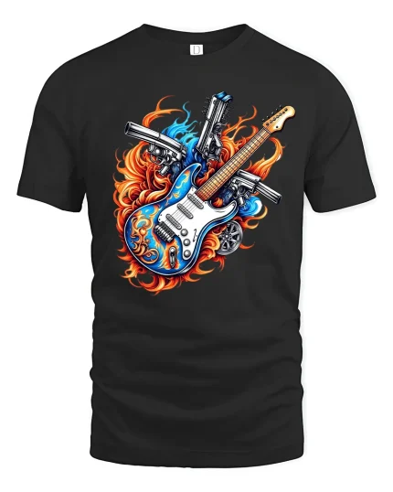 Fire Guitar Pistols Rock Flame Power Graphic T-Shirt - black t-shirt on white background