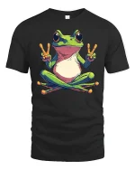 Peace Frog Sitting Zen Funny Colorful Graphic T-Shirt - black t-shirt on white background