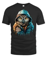 Hooded Owl Street Style Urban Art Graphic T-Shirt - black t-shirt on white background