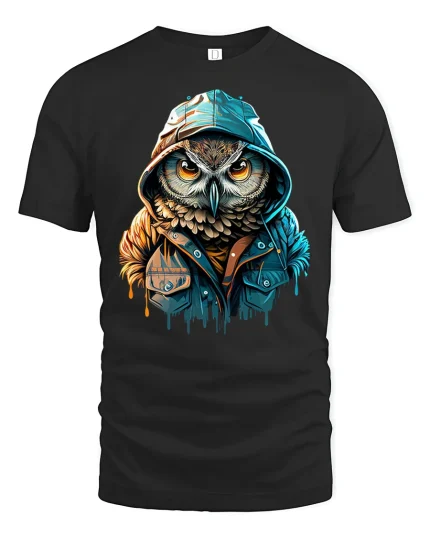 Hooded Owl Street Style Urban Art Graphic T-Shirt - black t-shirt on white background