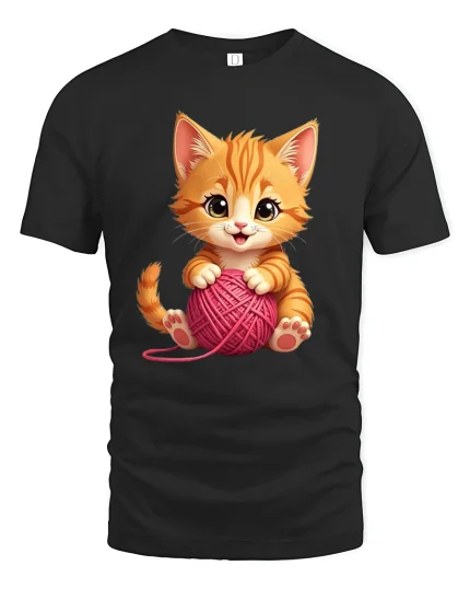 Cute Kitten Yarn Ball Adorable Cat Lover Graphic T-Shirt - black t-shirt on white background