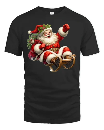 Jolly Santa Sleigh Ride Christmas Graphic T-Shirt - black t-shirt on white background