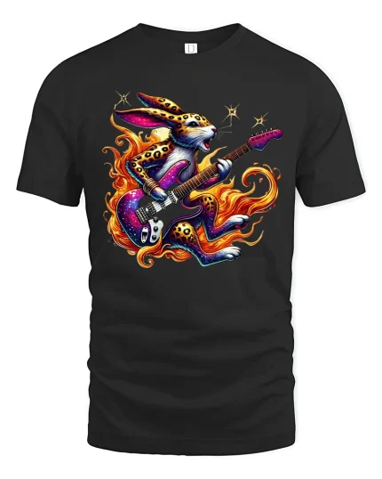 Rockstar Bunny Fire Guitar Fantasy Art Graphic T-Shirt - black t-shirt on white background