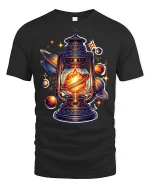 Cosmic Lantern Galaxy Planet Glow Graphic T-Shirt - black t-shirt on white background