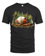 Forest Camping Tent Adventure Outdoor Graphic T-Shirt - black t-shirt on white background