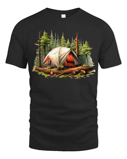 Forest Camping Tent Adventure Outdoor Graphic T-Shirt - black t-shirt on white background