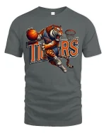 Tiger Basketball Dunk Mascot Action Sports Graphic T-Shirt - gray t-shirt on white background