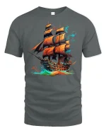 Fiery Pirate Ship Ocean Adventure Fantasy Graphic Tee - gray t-shirt on white background