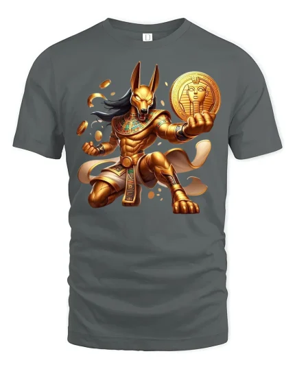 Golden Anubis Warrior Art Graphic T-Shirt for Men - gray t-shirt on white background
