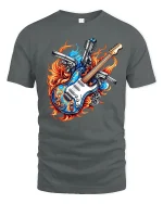 Fire Guitar Pistols Rock Flame Power Graphic T-Shirt - gray t-shirt on white background