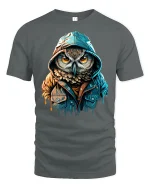 Hooded Owl Street Style Urban Art Graphic T-Shirt - gray t-shirt on white background