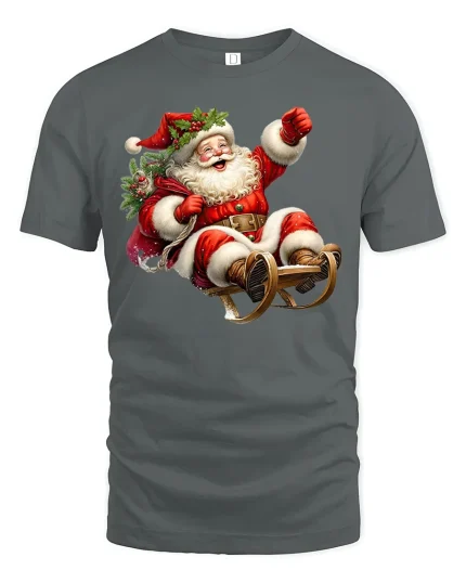 Jolly Santa Sleigh Ride Christmas Graphic T-Shirt - gray t-shirt on white background