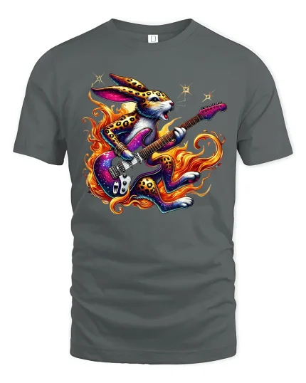 Rockstar Bunny Fire Guitar Fantasy Art Graphic T-Shirt - gray t-shirt on white background