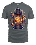 Cosmic Lantern Galaxy Planet Glow Graphic T-Shirt - gray t-shirt on white background