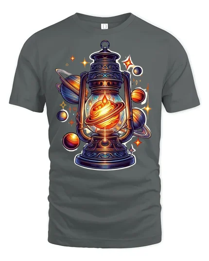 Cosmic Lantern Galaxy Planet Glow Graphic T-Shirt - gray t-shirt on white background
