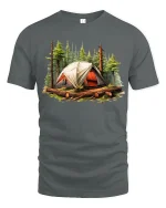 Forest Camping Tent Adventure Outdoor Graphic T-Shirt - gray t-shirt on white background