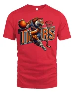 Tiger Basketball Dunk Mascot Action Sports Graphic T-Shirt - red t-shirt on white background