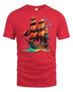 Fiery Pirate Ship Ocean Adventure Fantasy Graphic Tee - red t-shirt on white background