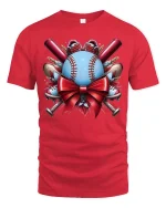 Baseball Gift Bow Holiday Sports Fan Graphic T-Shirt - red t-shirt on white background