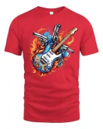 Fire Guitar Pistols Rock Flame Power Graphic T-Shirt - red t-shirt on white background