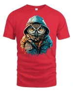 Hooded Owl Street Style Urban Art Graphic T-Shirt - red t-shirt on white background