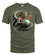 Mythic Serpent God Earth Guardian Fantasy Art T-Shirt - military green t-shirt on white background
