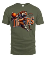 Tiger Basketball Dunk Mascot Action Sports Graphic T-Shirt - military green t-shirt on white background
