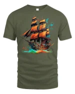 Fiery Pirate Ship Ocean Adventure Fantasy Graphic Tee - military green t-shirt on white background