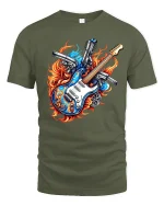 Fire Guitar Pistols Rock Flame Power Graphic T-Shirt - military green t-shirt on white background