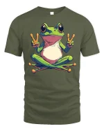 Peace Frog Sitting Zen Funny Colorful Graphic T-Shirt - military green t-shirt on white background