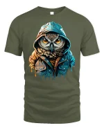 Hooded Owl Street Style Urban Art Graphic T-Shirt - military green t-shirt on white background