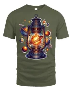 Cosmic Lantern Galaxy Planet Glow Graphic T-Shirt - military green t-shirt on white background
