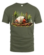 Forest Camping Tent Adventure Outdoor Graphic T-Shirt - military green t-shirt on white background