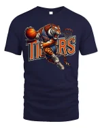 Tiger Basketball Dunk Mascot Action Sports Graphic T-Shirt - navy t-shirt on white background
