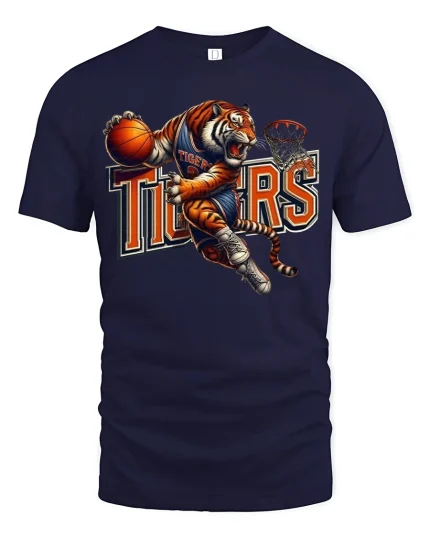 Tiger Basketball Dunk Mascot Action Sports Graphic T-Shirt - navy t-shirt on white background