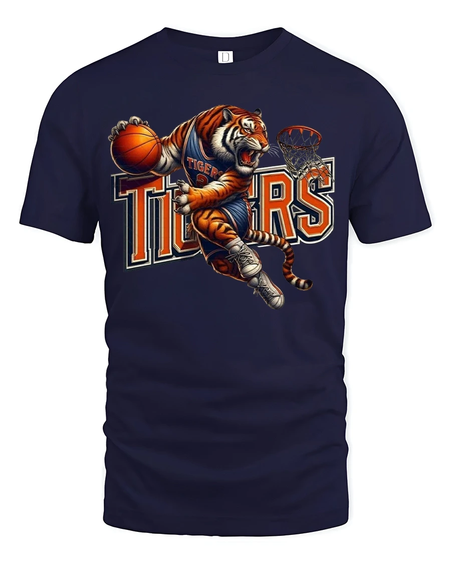 Tiger Basketball Dunk Mascot Action Sports Graphic T-Shirt - 1 Tiger Basketball Dunk Mascot Action Sports Graphic T-Shirt - navy t-shirt on white background