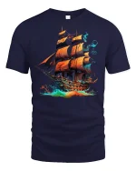Fiery Pirate Ship Ocean Adventure Fantasy Graphic Tee - navy t-shirt on white background
