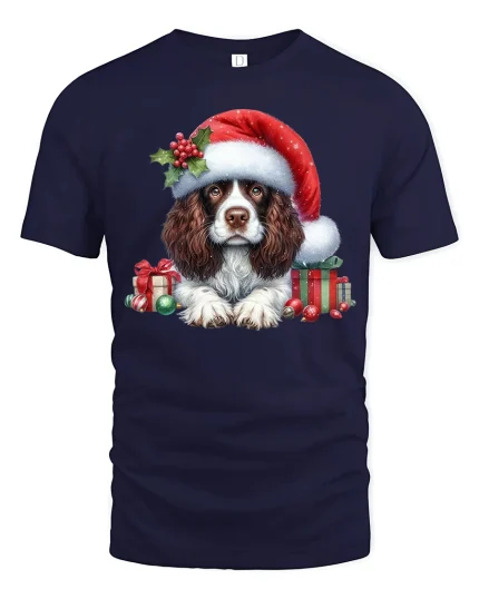 Christmas Dog Santa Hat Cute Holiday Pup Graphic Tee - navy t-shirt on white background