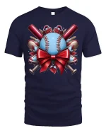 Baseball Gift Bow Holiday Sports Fan Graphic T-Shirt - navy t-shirt on white background