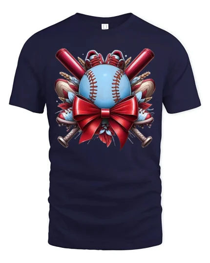 Baseball Gift Bow Holiday Sports Fan Graphic T-Shirt - navy t-shirt on white background