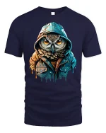 Hooded Owl Street Style Urban Art Graphic T-Shirt - navy t-shirt on white background