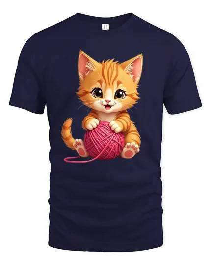 Cute Kitten Yarn Ball Adorable Cat Lover Graphic T-Shirt - navy t-shirt on white background