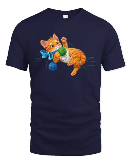 Playful Kitten Yarn Ball Cute Cat Lover Graphic T-Shirt - navy t-shirt on white background